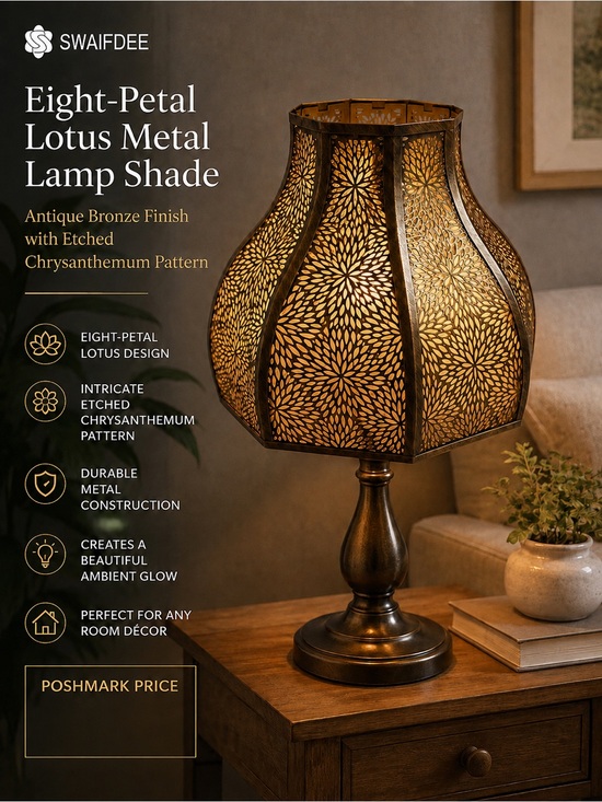 Swaifee Other - SWAIFDEE Eight-Petal Lotus Metal Lamp Shade Antique Bronze Etched Floral Décor